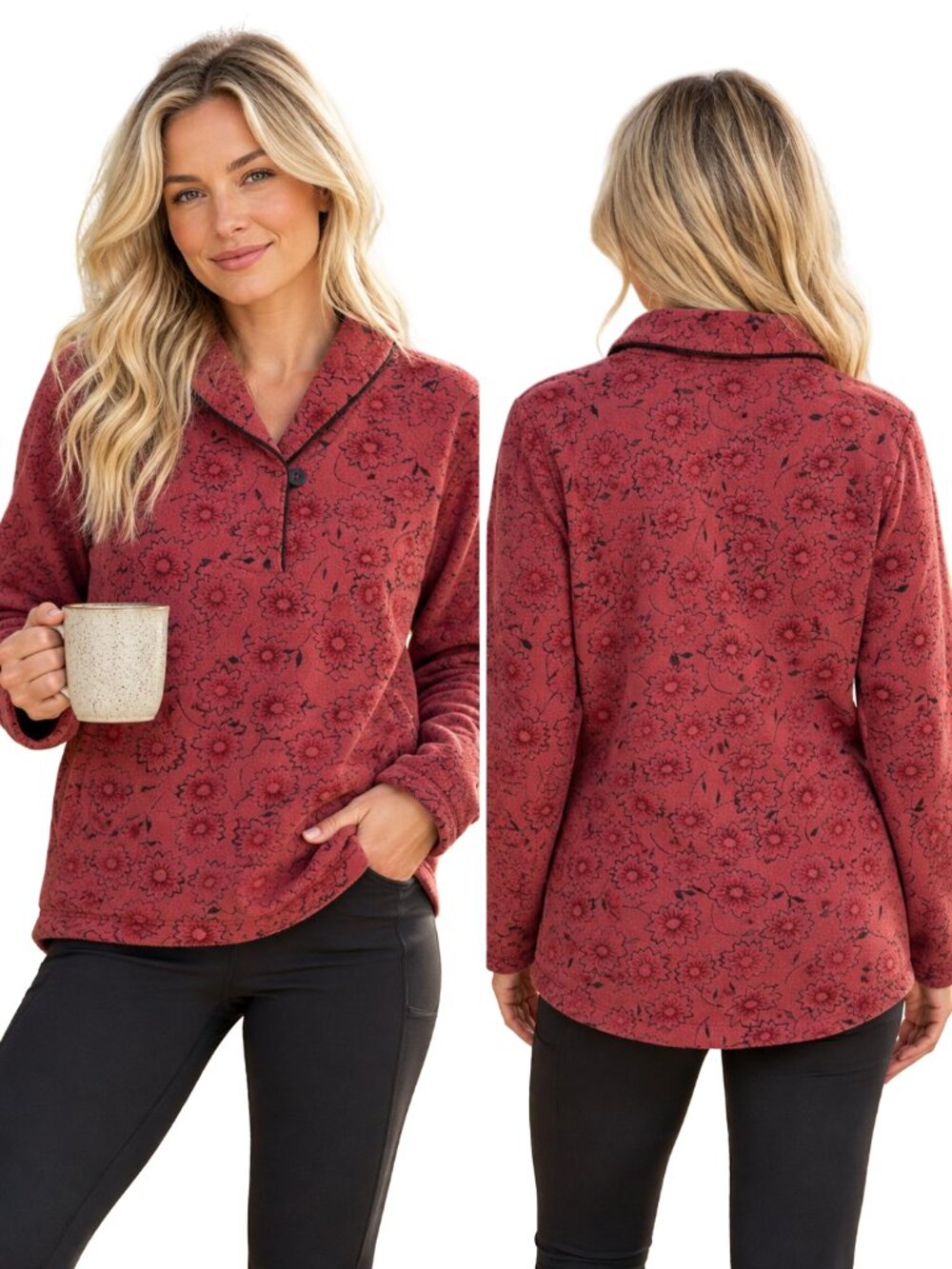 VTG Woolrich Rosebud Floral Fleece Pullover Burgundy-Red Women’s M Cabinwear